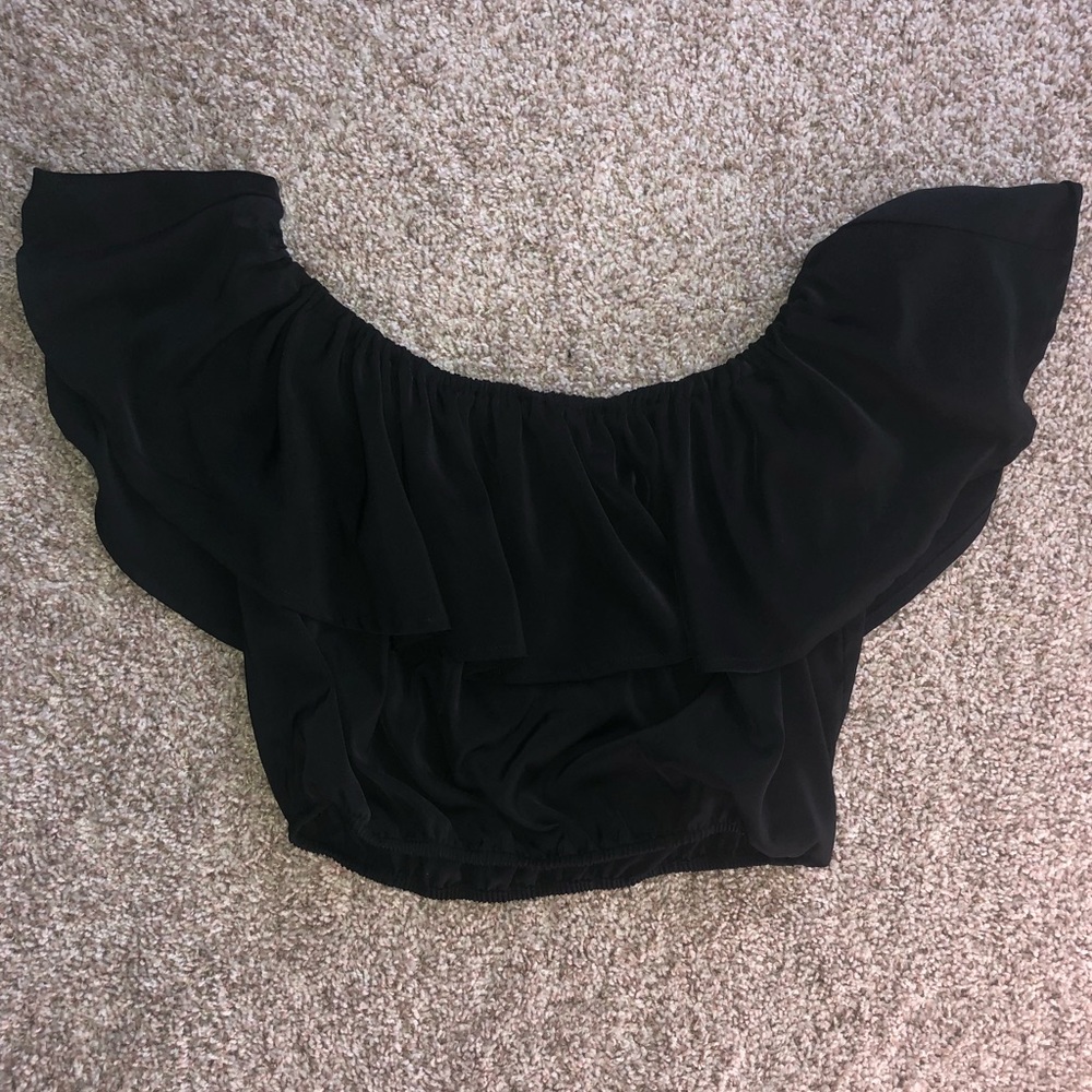 SUPER CUTE OFF THE SHOULDER RUFFLE BLACK CROP TOP
